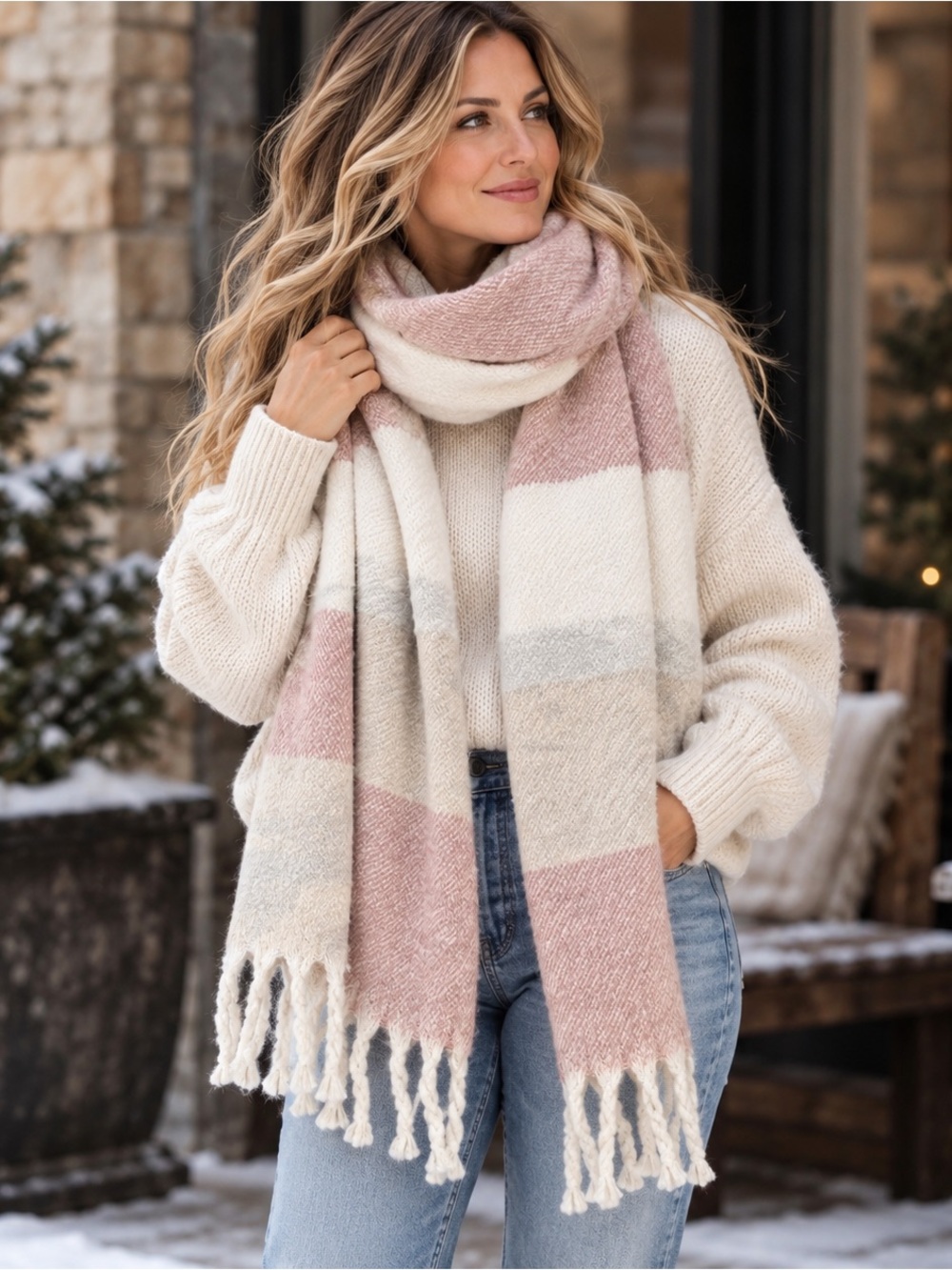 Gentle Fawn Huntington Scarf Pink Cream Taupe Oversized Fringe Wrap NWT OS Cozy